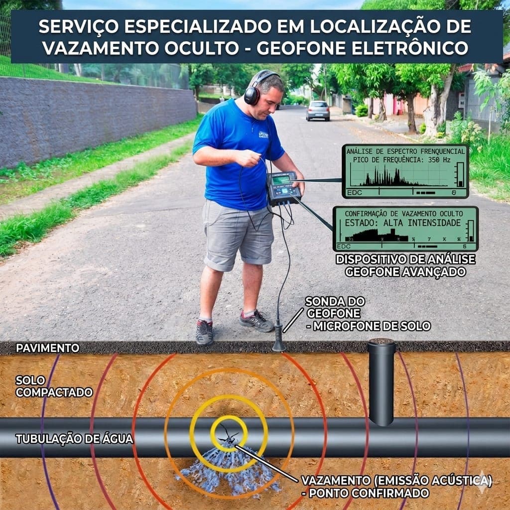 Técnico com geofone eletrônico e sonda de solo rastreando vazamento oculto, com diagrama da emissão acústica sob o pavimento